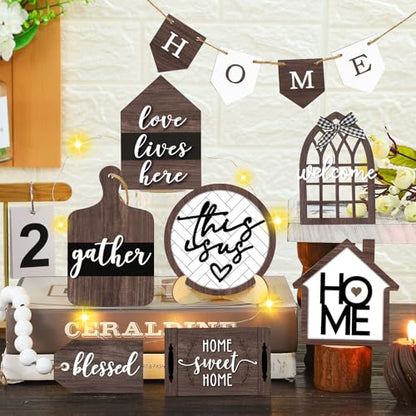 FairySandy 11 Pcs Home Tiered Tray Decor This is us Rustic Wooden Signs - style: Brown Style