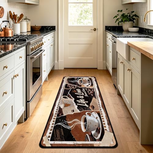 Kitchen Rugs Non Slip, Vintage Coffee Kitchen Mats for Floor, Machine Washable Soft Faux Wool Comfort Cushioned Runner Rugs for Sink, Laundry Room, Office, Hallway, 20"x59" - color: Coffee Kitchen Mat, size: 1'8" x 4'11" (Runner)