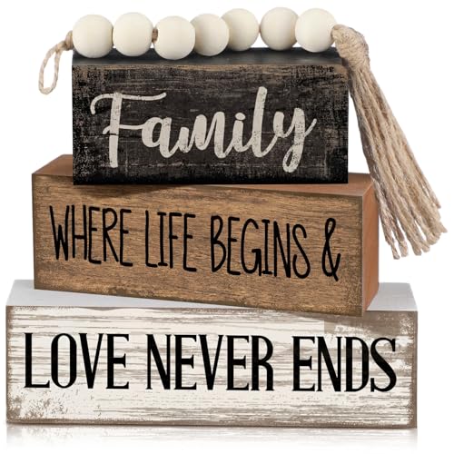 Yuntau 4 Pcs Farmhouse Tabletop Decor Wood Stacked Sign Blocks Family - style: Famliy