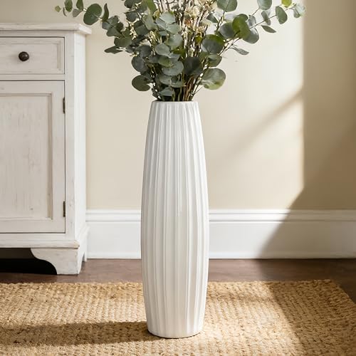 White Tall Ceramic Floor Vase, 24 Inch, Ribbed Drum Design - color: Vertical Stripes, size: Height-24 Inch