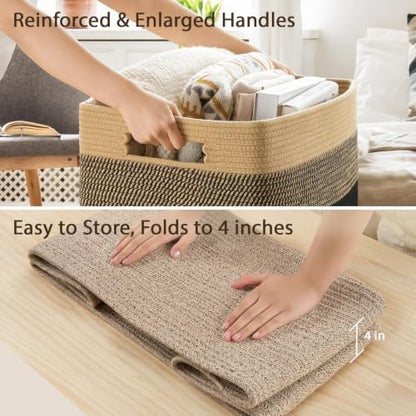 Optish 95L Large Woven Blanket Basket, Cotton Rope Laundry Basket, Brown - color: Brown, size: 24" x 17" x 13.5"(95L)