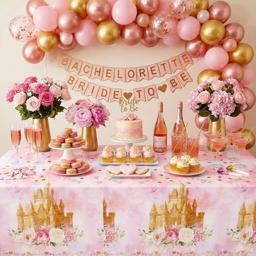 3 Pack Princess Tablecloths, Disposable Pink Rose Castle Themed Table Cloth - color: Rose Castle