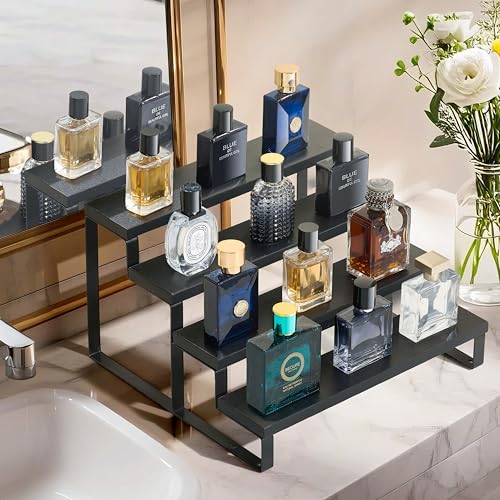 HomePekite Wooden Display Riser Stand, Tiered Perfume and Cologne Organizer Stand, 4 Tier Spice Rack Organizer, Rustic Display Shelf for Candles (4 Tier 2 Pcs), Black