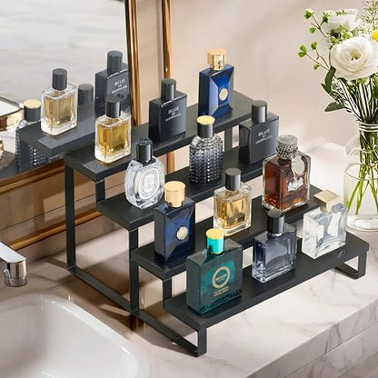 HomePekite Wooden Display Riser Stand, Tiered Perfume and Cologne Organizer Stand, 4 Tier Spice Rack Organizer, Rustic Display Shelf for Candles (4 Tier 2 Pcs), Black