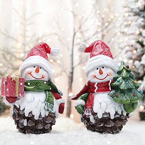 Hodao 2 PCS Christmas Pine Cone Snowman Decoration, Winter Snowman Figurine - color: White-brown