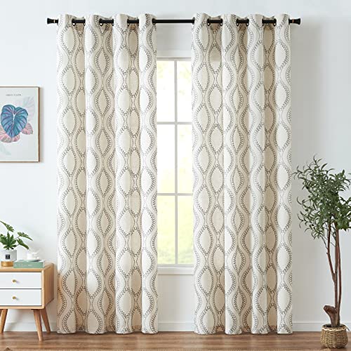 jinchan Boho Linen Curtains 63 Inch Grey on Beige Grommet 2 Panels - color: Vine Grey, size: 50"W x 84"L (Pack of 2)