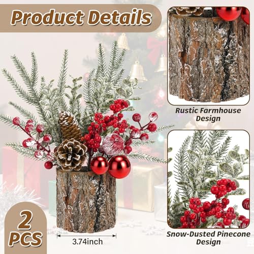 Small Christmas Table Centerpiece with Pinecones & Red Berries, Rustic Farmhouse Christmas Centerpieces for Coffee Bar, Mantel, Kitchen Island, Window Sill & Entryway Table Holiday Decor (2pcs