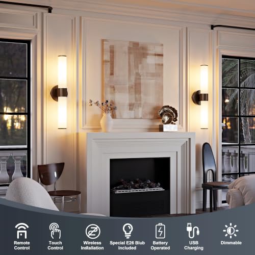 8000mAh Walnut Battery Operated Wall Sconces Set of 2, Dimmable Rechargeable Wall Sconce with Remote, 20 Inch Wireless White Glass Shade Wall Light for Bedroom Living Room Entryway (Bulbs Included) - color: Walnut（White Glass）