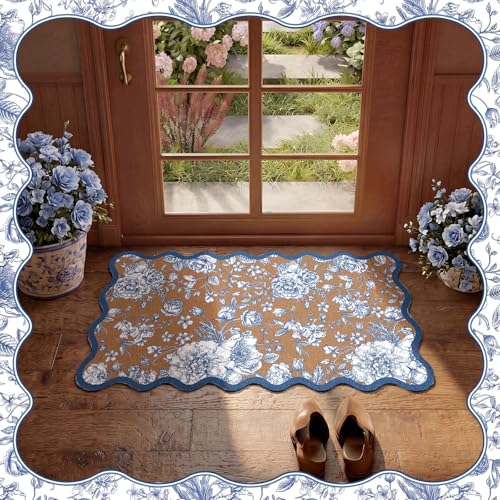 Blue Floral Doormat Outdoor Scalloped Rug Flowers Welcome Faux Coir Mat - style: Blue Floral