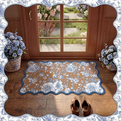 Blue Floral Doormat Outdoor Scalloped Rug Flowers Welcome Faux Coir Mat - style: Blue Floral