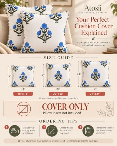 ATOSII Cotton Blockprint Throw Pillow Cover, Poppy Blue, Set of 2, 18 X 18 - color: Poppy Blue, size: 18" x 18" (Pack of 2)