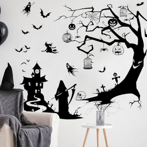 Halloween Wall Sticker Black Tree Branches Wall Decal Peel and Stick Horror Bat Wall Decor Halloween Castle Ghost Wall Stickers for Living Room