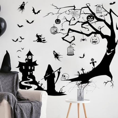 Halloween Wall Sticker Black Tree Branches Wall Decal Peel and Stick Horror Bat Wall Decor Halloween Castle Ghost Wall Stickers for Living Room