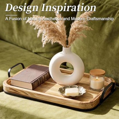 17In Wood Serving Tray with Metal Handles, Rectangular Ottoman Tray - size: 17.3" x 11.3" x 2.5"
