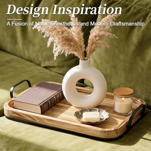 17In Wood Serving Tray with Metal Handles, Rectangular Ottoman Tray - size: 17.3" x 11.3" x 2.5"