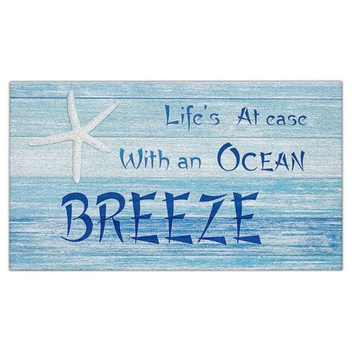 Jvpke Beach Door Mat, Life's at Ease with an Ocean Breeze Starfish Blue Beach Door Mat Indoor Outdoor Entrance Porch, Ocean Beachy Bath Mats for Bathroom, Coastal Welcome Mats, 17x30 Inches - color: Life's at Ease