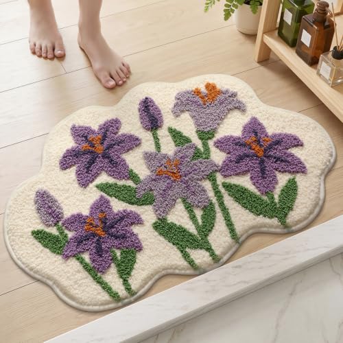 Cloud-Shaped Lily Bath Mat, Soft Non-Slip Fluffy Fresh Flowers Bathroom Rug, Ultra Absorbent Microfiber Shaggy Door Mat, Machine Washable Bath Rug Carpet for Bathtub Bedroom 20x31 Inch (Purple Lily) - color: Purple Lily