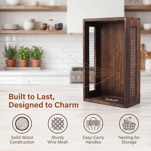 Dicunoy Set of 2 Rustic Nesting Boxes, Wooden Organizer Crates Basket, Small Decorative Wood Wire Containers with Handle for Countertop, Fruit, Veggies, Kitchen, Bathroom, Pantry Storage, Gift Basket