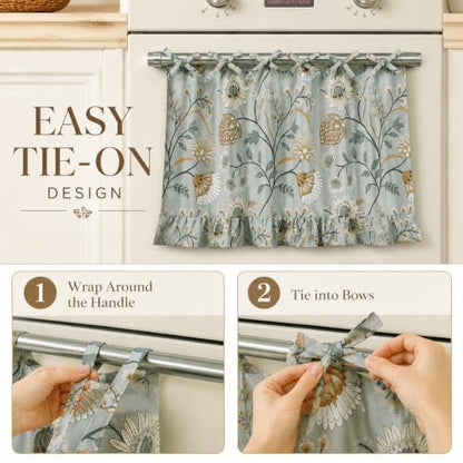 Leeva Oven Curtain, 30 x 21 in, 1 Panel, Gray Botanical Faux Linen Tie-On - color: *M11, size: 30"W x 21"L (Pack of 1, Rod Pocket)