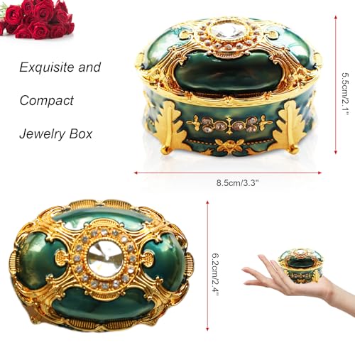 Vintage Enamel Oval Emerald Green Jewelry Box, Metal Trinket - color: Emerald Green