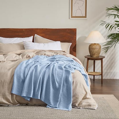 Bedsure 100% Cotton Throw Blanket for Couch, Waffle Weave, Light Blue - color: 09 Light Blue, size: Throw XL (50" X 70")