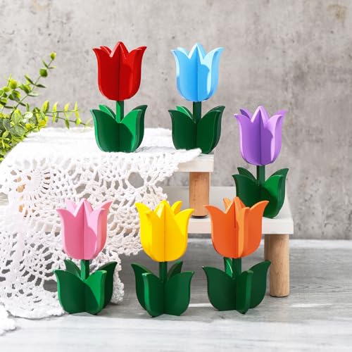 Yuntau 6pcs Spring Tulips Wood Signs Rustic Farmhouse Tulip Flowers Table Decoration Retro Tulip Table Centerpiece Tiered Tray Decor Multicolor Tulips Floral Block Tabletop Signs Home Decor(Vibrant) - style: Vibrant