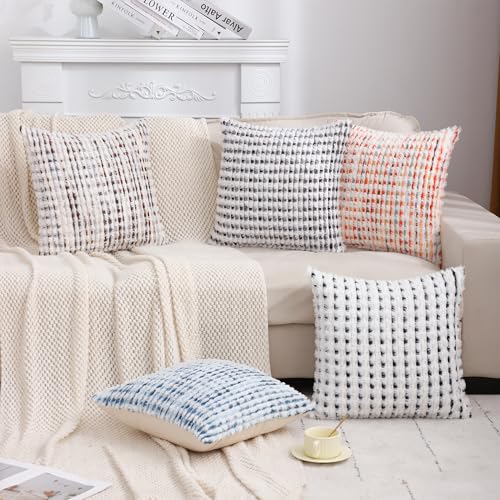 LUOYEHK Boho Throw Pillow Covers 22x22 Inch Set of 2 Chenille Tufted Pillowcase Farmhouse Neutral Cushion Covers for Couch Sofa Bed Living Room, Blue White - color: Blue White, size: 22" x 22" (Pack of 2)
