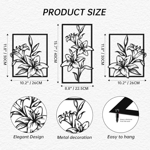 Set of 3 Lily Black Metal Wall Art Line Art Living Room Bathroom Home Decor | 3-Piece Matte Black Lily Metal Wall Sculpture, Floral Line Decor for Living Room Bedroom Bathroom, Ideal All-Occasion Gift