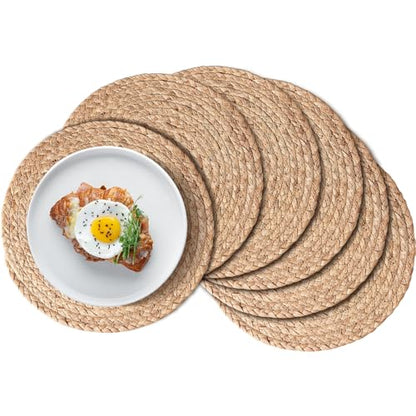 Aofmee 13 inch Round Woven Placemats Set of 6, Boho Rattan Place Mats, Natural Water Hyacinth Table Placemats, Farmhouse Weave Table Mats, Rustic Braided Wicker Charger Plates for Dining Table Decor - size: 13 Inch Set of 6