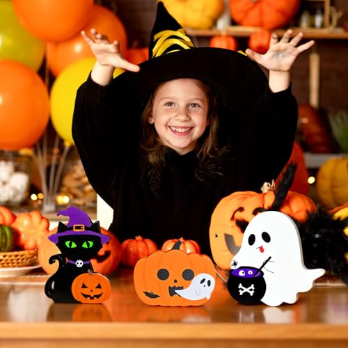 Cute Halloween Decorations Indoor, 3 PCS Wooden Ghost Pumpkin Halloween Decor for Home Table Office Desk Tiered Tray Party Shelf Display Mantle Kitchen Room Spooky Decorations - style: GhostPumpkinCat