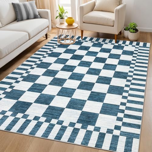 Garvee Area Rugs 9x12 Living Room Washable Rug Checkered Rugs - color: Modern Plaid - Blue, size: 9' x 12' (Rectangular)