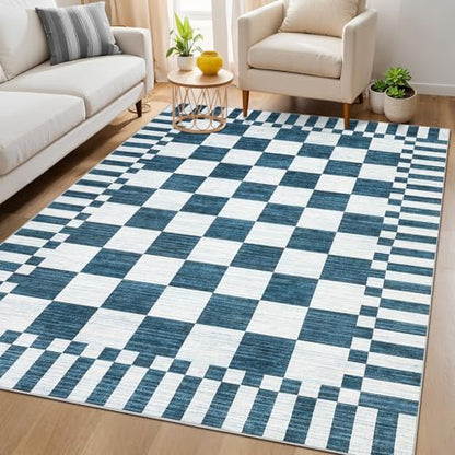 Garvee Area Rugs 9x12 Living Room Washable Rug Checkered Rugs - color: Modern Plaid - Blue, size: 9' x 12' (Rectangular)