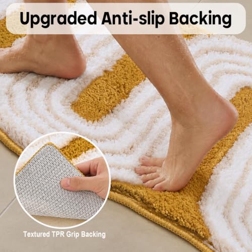 Geometric Design Boho Runner Bathroom Rugs, Long Scalloped Cute Bath Mat Non Slip for Bedroom Kitchen Hallway Laundry Room, Funky Retro Farmhouse Bath Rug Washable, Mustard Yellow, 51"x20" - color: Yellow, size: 1'8" x 4'3" (Rectangular)