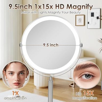 VESAUR 15X Magnifying Mirror with Light, 9.5 Large 5000mAh Rechargeable Double Sided HD Lighted Makeup Mirror with 3 Touch Dimmable Light, 360° Swivel Detachable for Travel Vanity Mirror Nickel, Gifts - size: 17"L x 9.5"W