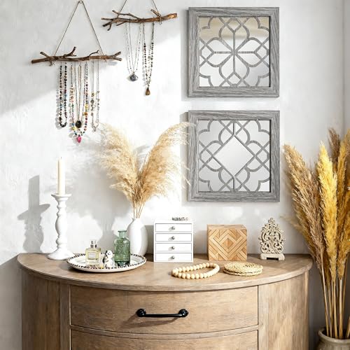 Boho Wall Mirror Decor, Set of 2 Rustic Farmhouse Accent Mirrors 12x12 Inch, Square Acrylic Shatterproof Vintage Style Mirror for Wall, Small Decorative Mirrors for Living Room, Bedroom, Brown - color: Brown（2pcs）, size: 12"L x 12"W