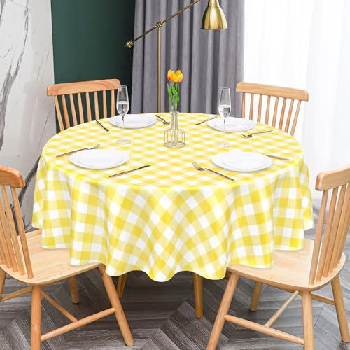 Mulbozy 2 Pcs Yellow Gingham Round Plastic Tablecloth Disposable, 84 inch - color: Checkered-yellow, size: 84" Round