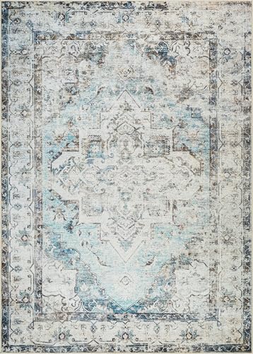 Bloom Rugs Washable Non-Slip 8' x 10' Rug - Beige/Blue Traditional Area Rug for Living Room, Bedroom, Dining Room, and Kitchen - Exact Size: 8' x 10' - color: Beige / Blue, size: 8' x 10' (Rectangular)