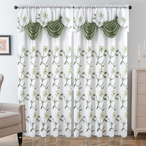 Petrichor Embroidered Sheer Curtain 2 Panels Set - Luxury Window Curtain Attached Valance with Satin Backing and 2 Tie Backs for Living Room,Dining Room, 54x63 inches, Sage Green - color: Sage Green, size: 54"W x 63"L (Pack of 1)