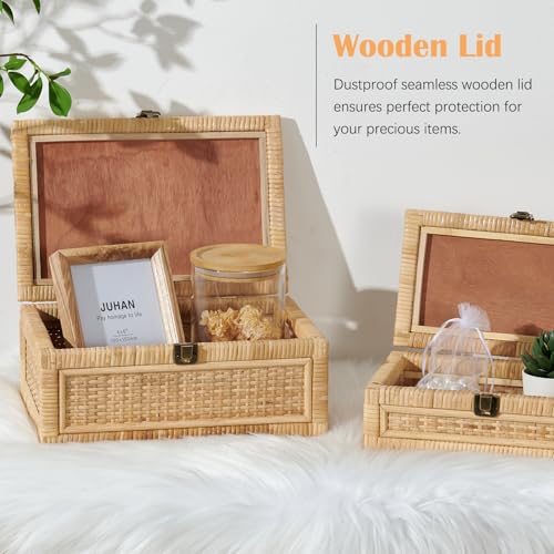 Rattan Box with Lid Decorative Natural Handmade Boho Baskets - color: Natural, size: Set of 1 (Large)