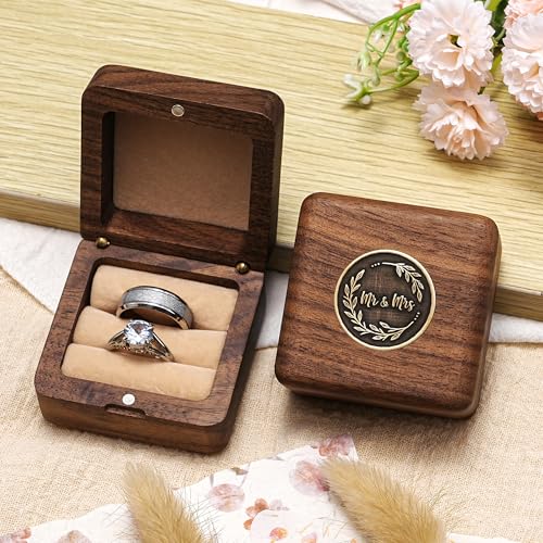 KWOOD Custom Wooden Wedding Ring Box for 2 Rings, Engraved Mr & Mrs Double Ring Holder for Wedding Ceremony Ring Bearer Box Anniversary Birthday Gift Ideas - style: T-Mr & Mrs 01