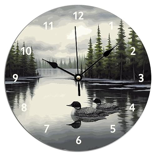 ArogGeld Loon Rustic Bedroom Clocks Lake Time Duck Wall Clock Quartz Battery Operated Silent Wall Clocks for Home Office School 12x12in New Home Housewarming Gift - color: A-51, size: 12x12in