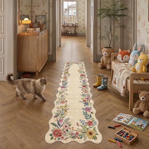 2x8 Floral Beige Scalloped Runner Rug - color: Scalloped | Beige, size: 2' x 8' (Runner)