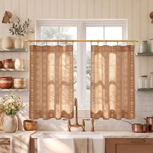 Lino Rosa Short Curtains for Windows Bedroom 2 Panels,Farm House Mid Century Modern MCM Retro Curtains for Living Room,Rust Terracotta,24 Inch Length - color: Terracotta, size: 24"W x 24"L (Pack of 2)