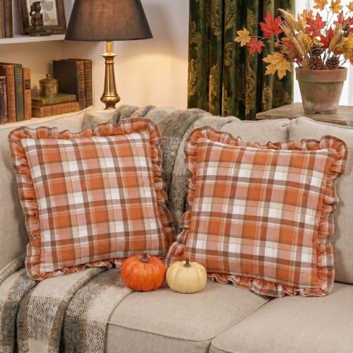 Burnt Orange Fall Tartan Plaid Ruffle Throw Pillow Covers 18x18 Set of 2 - color: Orange Ruffled Plaid Throw Pillow Covers, size: 18" x 18" (Pack of 2)