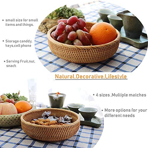 Hadewoven Round Rattan Fruit Basket Wicker Food Tray Weaving Storage Holder Dining Room Bowl, 8 Inch Small Bread Baskets Tray for Serving with Deep Wall, Brown (Small 7.48”) - size: Small 7.48"