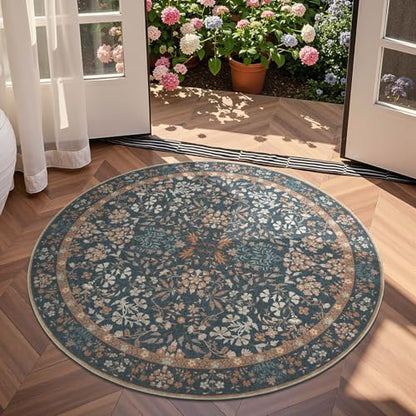 jinchan 5ft Washable Round Area Rug, Soft Floral Non-Slip, Dark Blue - color: Dark Blue, size: 5' (Round)