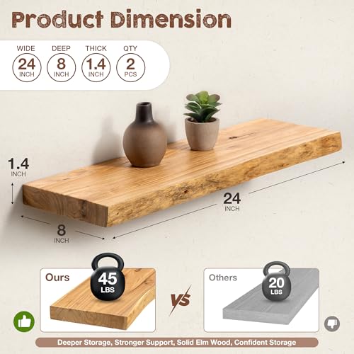 fuqing Live Edge Floating Shelves for Wall, 24 Inch Solid Elm Wood Shelves - color: Natural Elm Live Edge - 8"d, size: 24"L - 2Packs