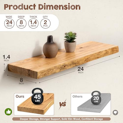 fuqing Live Edge Floating Shelves for Wall, 24 Inch Solid Elm Wood Shelves - color: Natural Elm Live Edge - 8"d, size: 24"L - 2Packs
