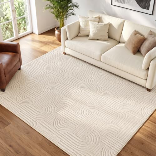 Etwel 4x6 Beige Modern Geometric Textured High-Low Pile Washable Area Rug - color: Neutral Beige, size: 4' x 6'