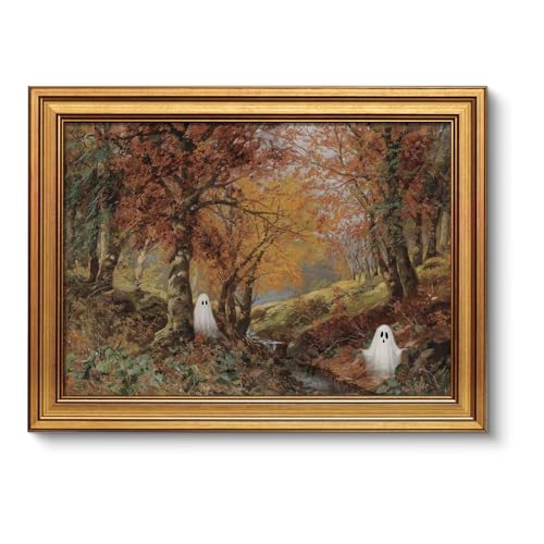 VIYYIEA Cute Ghost Halloween Wall Art 12x16 Inch Gold Framed Canvas, Vintage Autumn Forest Painting, Whimsical Woodland Ghost Artwork, Cottagecore Halloween Decor for Living Room Bedroom - color: Autumn Spirits, size: 16"L x 12"W